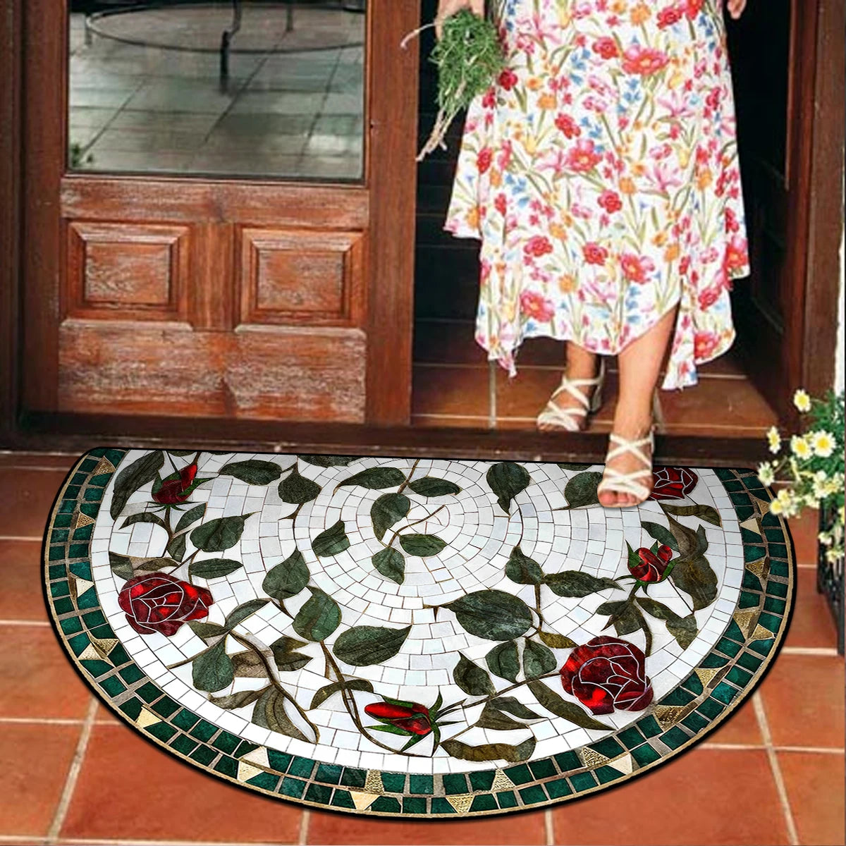 Door Entry Mat Entrance Doormat House Outdoor Floor Carpet Semi-circular Rug Floral Style Home Decoration Rugs Felpudo 입구 현관 매트